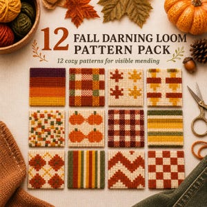 May include: A 12 Fall Darning Loom Pattern Pack featuring twelve square fabric swatches with autumn-themed designs including pumpkins, leaves, plaid, stripes, and chevron patterns in orange, yellow, green, and brown colors on a light background.