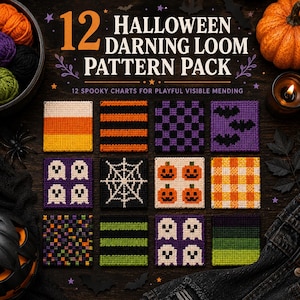 Op de afbeelding: Een patroonpakket met 12 Halloween-stopraamontwerpen, waaronder maïssnoepjes, strepen, ruiten, vleermuizen, spoken, spinnenwebben en pompoenen. De tekst luidt 12 HALLOWEEN DARNING LOOM PATTERN PACK en 12 SPOOKY CHARTS FOR PLAYFUL VISIBLE MENDING.