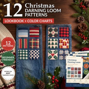 May include: A digital guide titled 12 Christmas Darning Loom Patterns Lookbook + Color Charts, featuring twelve square woven designs on blue denim fabric, including plaid, tree, gift, and holly motifs, with beginner-friendly instructions.