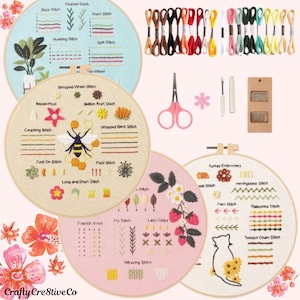 4PCS Beginner Embroidery Kit, Learn Embroidery, Embroidery Sampler Kit, DIY Hand Needlework Project, Beginner Embroidery Kit with Video