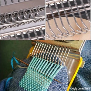 May include: Close-up of a metal weaving tool with multiple hooks. The tool is shown in detail, with close-up shots of the hooks and the weaving process. The weaving is in shades of blue and green.