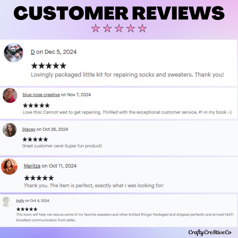 May include: A graphic showcasing customer reviews with a five-star rating. The text reads "CUSTOMER REVIEWS" at the top, with several customer comments below. The reviews mention sock and sweater repair kits and loom products.