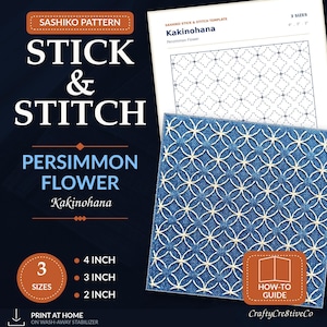 Kakinohana Persimmon Flower Sashiko Stick and Stitch Pattern, Wash-Away Embroidery Template, Visible Mending Denim Repair
