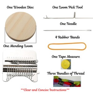 May include: A craft kit featuring a wooden disc, mending loom, loom pick tool, needle, four rubber bands, tape measure, and three bundles of thread. The text reads "Clear and Concise Instructions".
