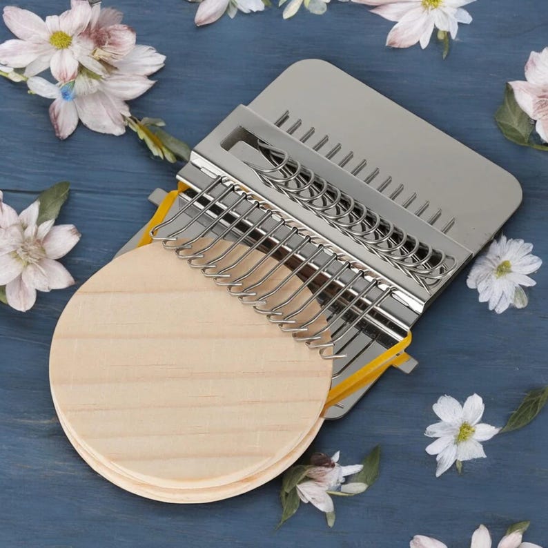 May include: A silver kalimba with metal tines and a wooden soundboard. The instrument is open, showing the tines and a wooden base. The kalimba is set against a blue background with floral accents.