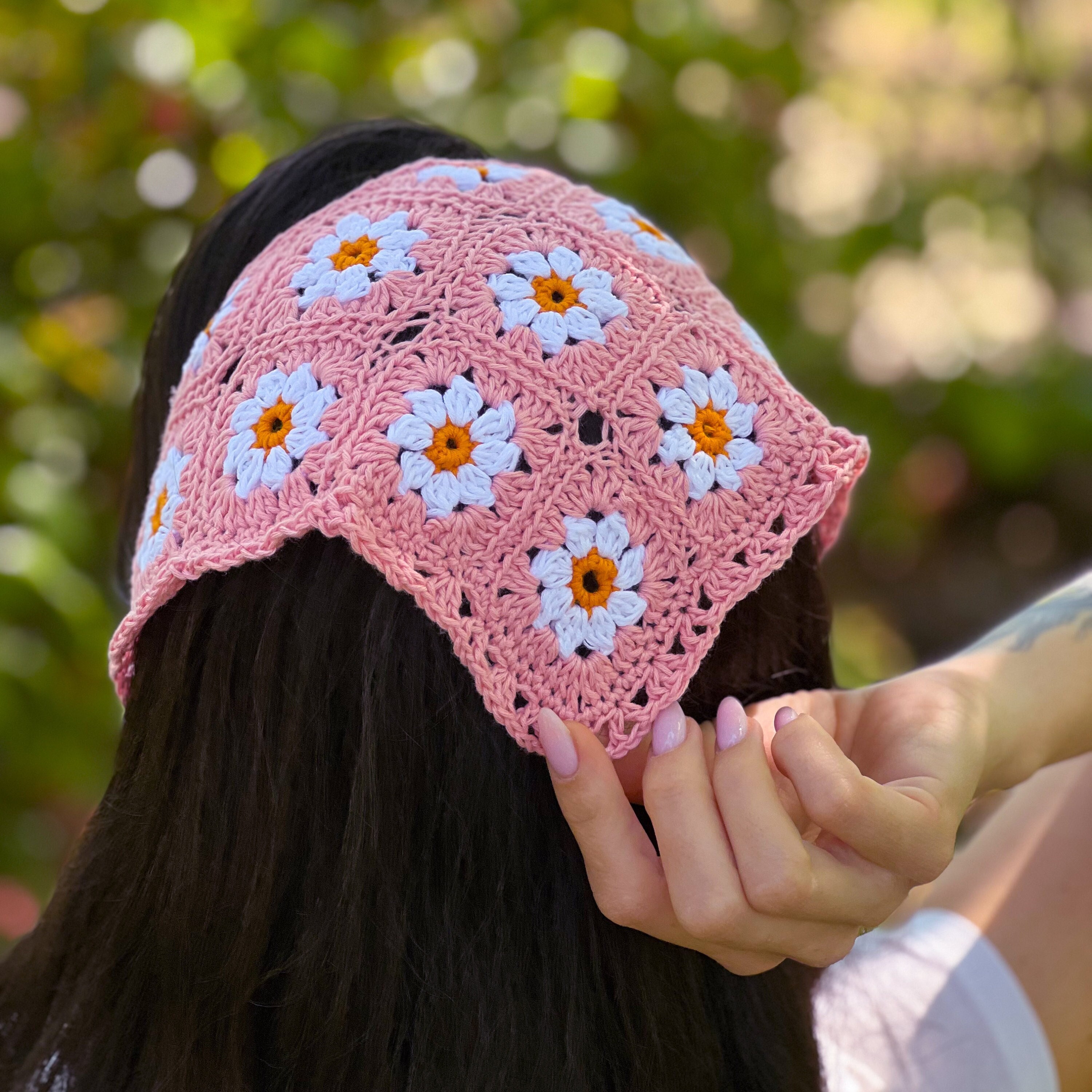 Daisy Crochet Bandana, Flower Hair Kerchief, Pink Hair Scarf, Retro ...