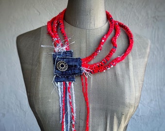 Repurposed Jeans with Red and White Yarn Necklace Textile Jewelry