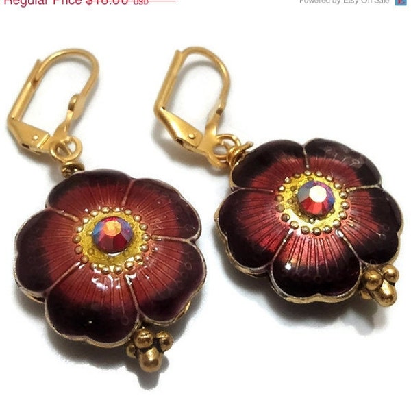 ON SALE Burgundy Red Cloisonne Flower Earrings