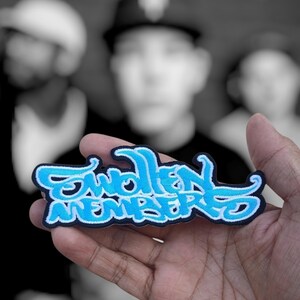 May include: A blue and white embroidered patch with the text "Swollen Members" in a stylized font. The patch is held in a person's hand, with a blurred background of people in black and white.