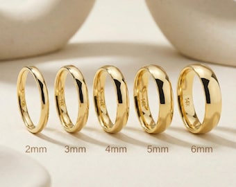 Alianza de bodas de oro macizo de 14 quilates, anillo clásico de cúpula de 5 mm, anillo de oro liso de ajuste cómodo, anillo de bodas con grabado personalizado para hombre y mujer, pareja