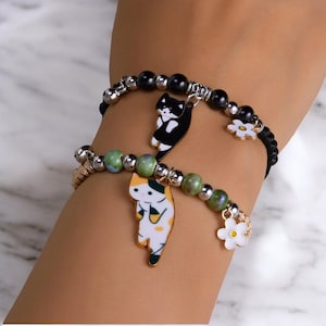 Enamel Animal Cat Flower Bracelets, Cute Sweet Charm Pets Bracelets, Handmade Minimalist Jewelry, Kids Birthday Gift, Gift for Her