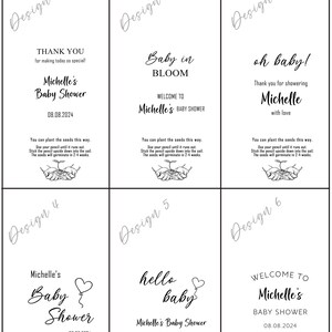 May include: A collection of six baby shower card designs with black text on a white background. Each card features a unique design, including phrases like "Thank You" and "Hello Baby," along with the name "Michelle" and the date 08.08.2024. Instructions for planting seeds are included.