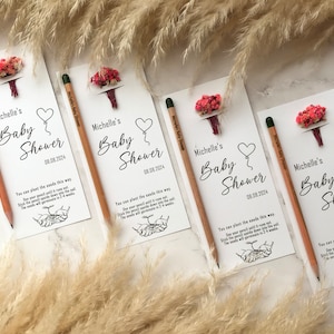 The seeded pencil is on a personalized card. There are also colorful flowers on the card.