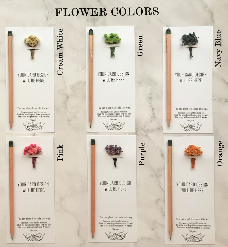 The seeded pencil is on a personalized card. There are also colorful flowers on the card.