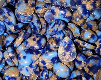 Box of Cabochons: Many sizes and colors, all glass ans gold, designer findings,