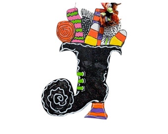 Handmade Witches Boot Door Hanger – Halloween Decor, Spooky Front Door Decoration, Candy Corn and Broomstick Sign, Trick or Treat Welcome