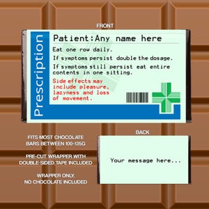 Personalised Wrapper to fit Chocolate Bar Prescription Joke Novelty Funny Mother's Day Mothers (WRAPPER ONLY)