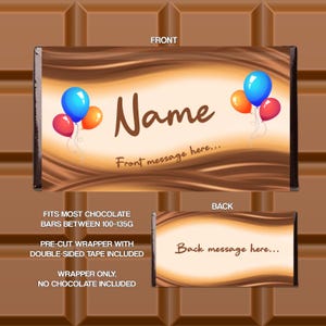 Personalised Wrapper to fit Chocolate Bar Birthday Balloons Valentine's Valentines Mother's Mothers Day Easter Christmas Xmas (WRAPPER ONLY)