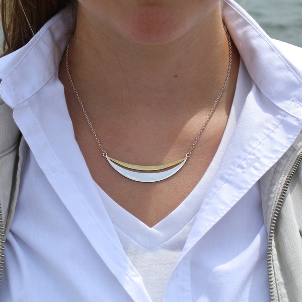 Large Double Moon Necklace | Two Tone Necklace | Mixed Metals Necklace | Two Tone Jewelry | Mixed Metals Jewelry | Silver and Gold Jewelry |