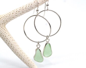 Sea Glass and Silver Large Open Hoop Earrings | Sea Glass Earrings | Sea Glass Jewelry | Dangle Earrings | Statement Earrings | Gift for Her