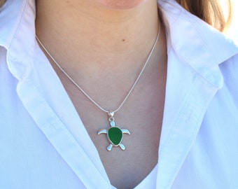 Turtle Sea Glass Necklace | Sea Glass and Sterling Silver Necklace | Sea Turtle Necklace | Sea Glass Jewelry | Seaglass Jewelry | Necklace