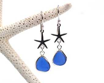 Sea Glass and Sterling Silver Starfish Earring | Sea Glass Earrings | Sea Glass Jewelry | Starfish Shimmer Earrings |Gifts for Mom |Earrings