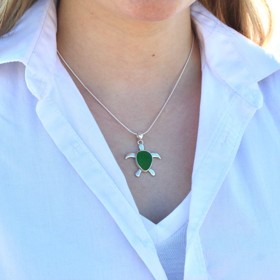 Turtle Sea Glass Necklace Sea Glass and Sterling Silver Necklace Sea Turtle Necklace Sea Glass Jewelry Seaglass Jewelry Necklace Etsy