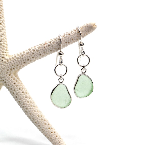 Sea Glass and Sterling Silver Circle Drop Earring Sea Glass