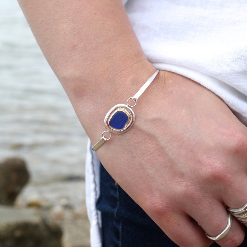 Mixed Metal Sea Glass Voyager Bangle Bracelet Bangle Bracelet Silver and 14k Yellow Gold Ring Sea Glass Bracelet Sea Glass Jewelry