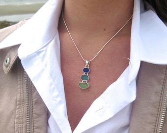Sea Glass Necklace, Three Tier Real Sea Glass Pendant, Authentic Beach Glass Jewelry Ocean-Inspired Gift for Her Coastal Boho Necklace