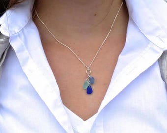 Sea Glass Necklace, Sterling Silver Cascade Necklace, Sea Glass Gift for Ocean Lover : Choose Your Color