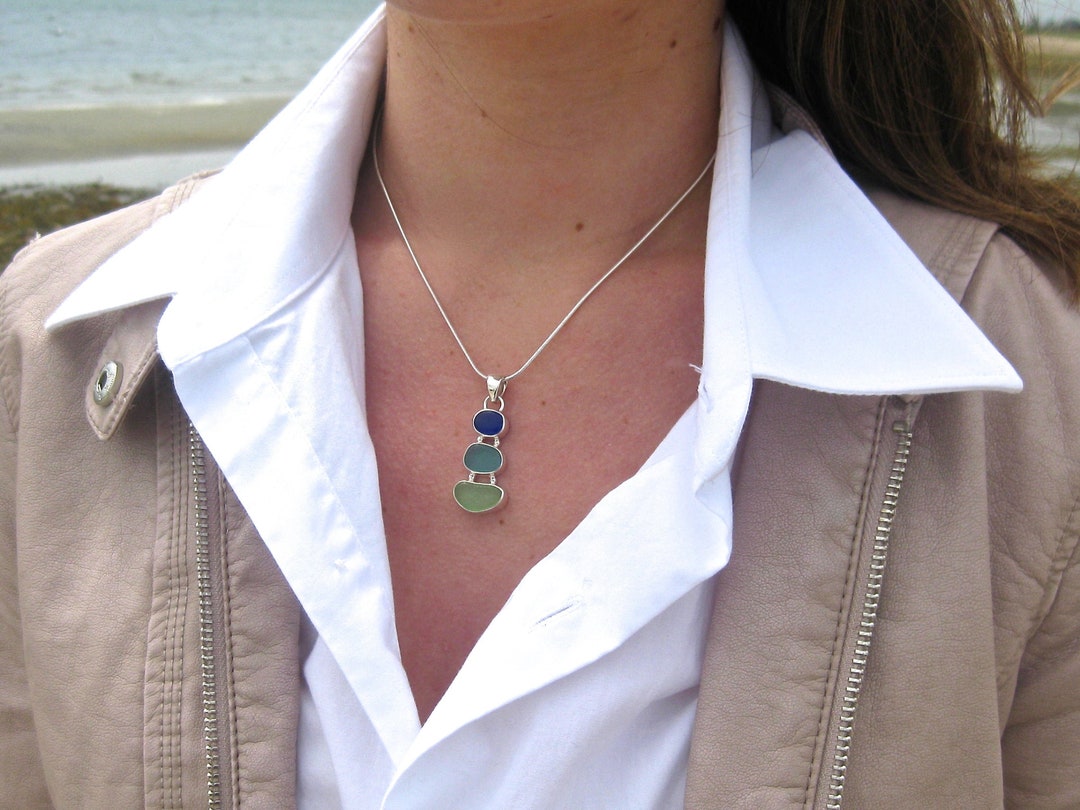 Three Tier Bezel Set Sea Glass Necklace Beach Glass Jewelry