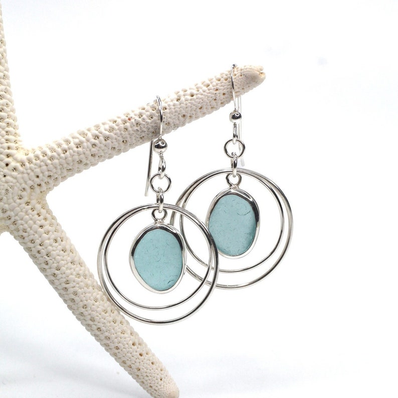 Karma Sea Glass and Sterling Silver Circle Earrings Sea Glass Earrings Earrings Ocean Theme Circle Earrings Gift Earrings For Her image 1