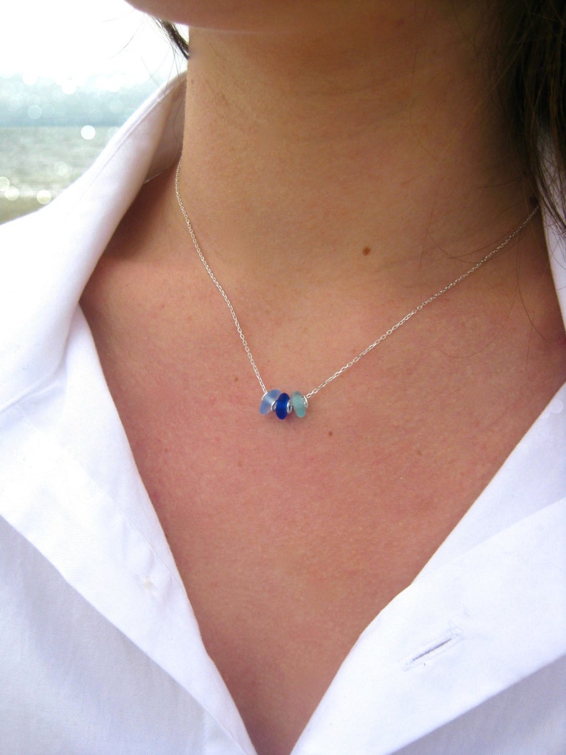 3 Stone Sea Glass Necklace  Sea Glass Jewelry  Beach Glass image 1