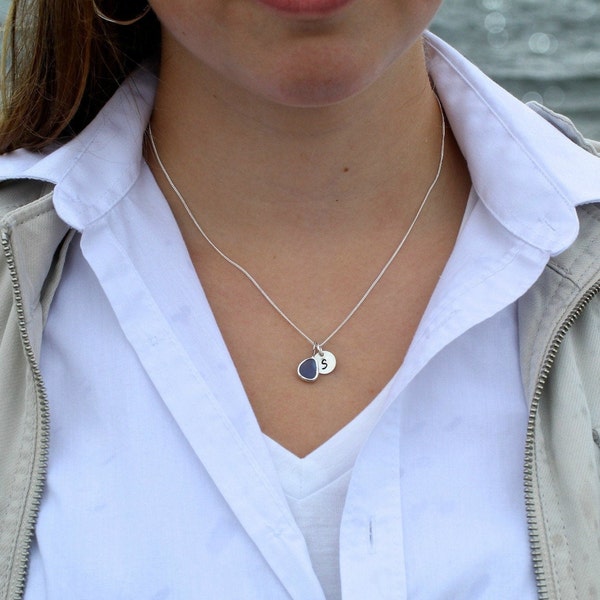 Sea Glass Necklace, Sterling Silver Personalized Initial Necklace, Bridesmaid Gift, Beach Wedding Jewelry