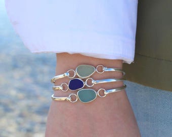 Sterling Silver Real Sea Glass Hinge Bangle Bracelet : Choose Your Color