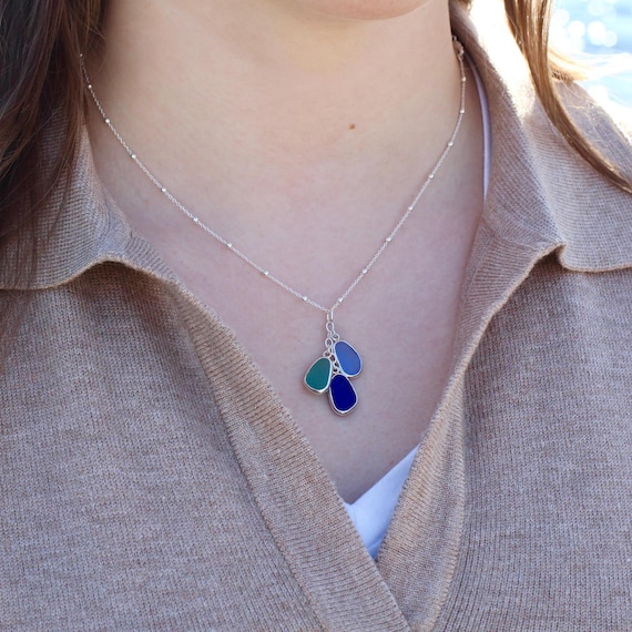Sea Glass Necklace, Real Beach Glass and Sterling Silver Bezel Wrap Cascade Necklace, Customized Sea Glass Necklace, Gifts for Beach Lovers
