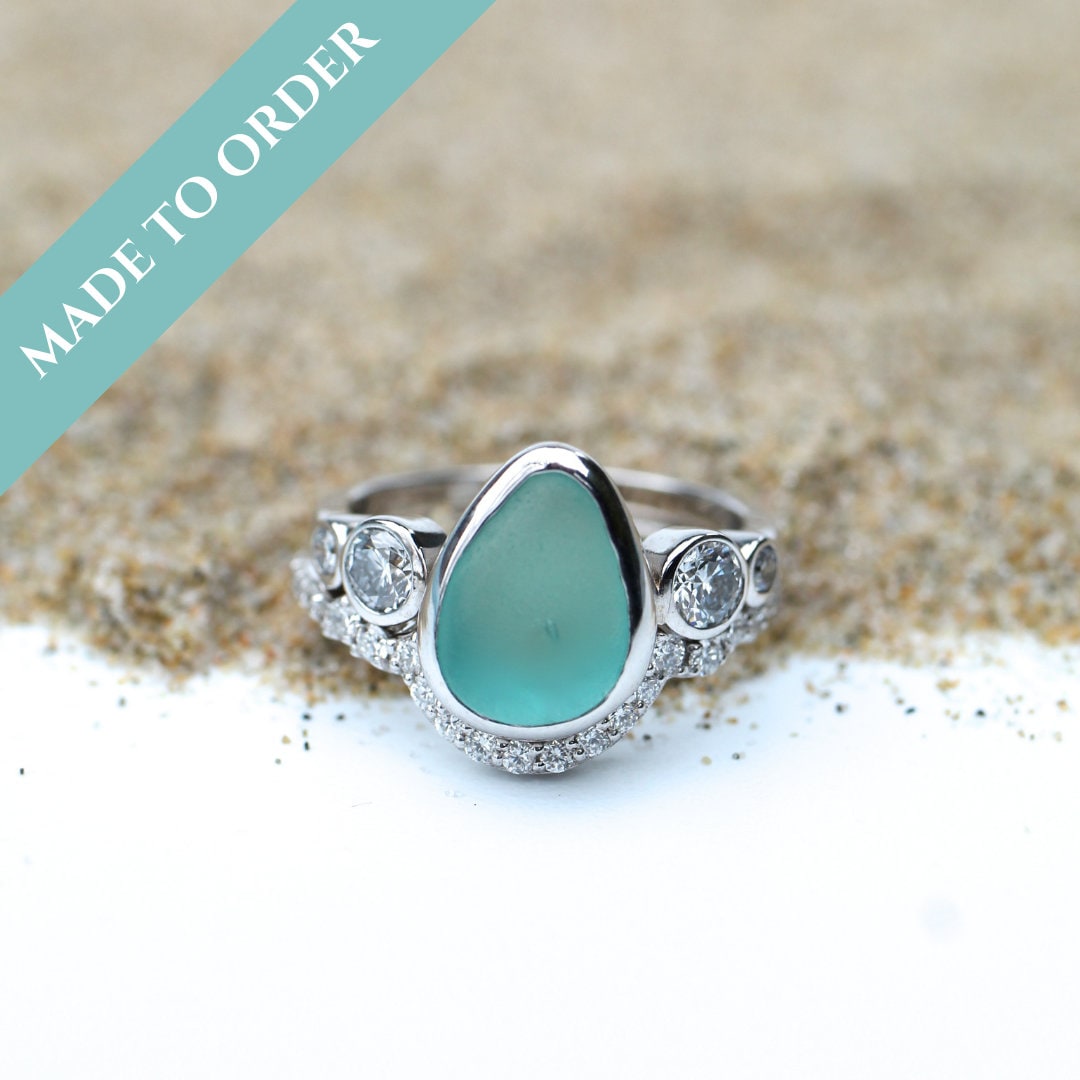 Göttlichkeit Sea Glass Verlobungsring | Alternative Verlobungsring|Seeglas Ehering|Seeglas Verlobungsring|Weißgold Seeglas Ring