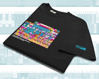 May include: A black short-sleeve t-shirt featuring a colorful graphic of United States Frequency Allocations and the radio spectrum. The sleeve displays the text Beautiful Public Data in light blue. The design includes various colored blocks.
