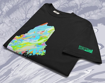 May include: A black short-sleeved t-shirt featuring a colourful, abstract geological map graphic on the front. The sleeve displays the green text "BEAUTIFUL PUBLIC DATA" arranged in a stacked, block-like format with horizontal lines.