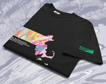 May include: A black t-shirt featuring a colourful geologic map of Massachusetts on the front, with the text "Geologic Map of Massachusetts" and "5 Cooperative National Geologic Map Million Years of Formation". The sleeve displays "BEAUTIFUL PUBLIC DATA".