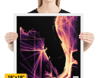May include: Framed 18" x 18" art print featuring an abstract design in shades of purple and orange against a black background. The artwork has a geometric, linear pattern, resembling a map or network. The print is displayed in a white frame.