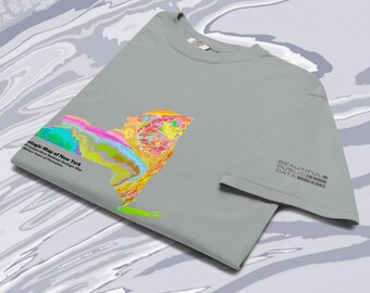 May include: A light gray t-shirt featuring a colorful geologic map of New York state on the front. The text "Geologic Map of New York" is printed near the map, and the text "BEAUTIFUL PUBLIC DATA" is printed on the right sleeve.
