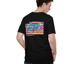 Camiseta unisex con gráfico de radiofrecuencia (oscura, logotipo en el frente, arte en la parte posterior)