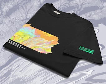 May include: A black t-shirt featuring a colorful geologic map of Pennsylvania on the front, with the text Geologic Map of Pennsylvania, USGS Cooperative National Geologic Map, 500 Million Years of Formation. The sleeve has the text BEAUTIFUL PUBLIC DATA.