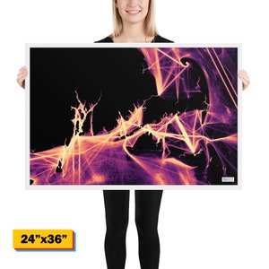 May include: Abstract art print featuring a swirling, web-like design in shades of purple and yellow on a black background. The print is framed in white and measures 24 inches by 36 inches.