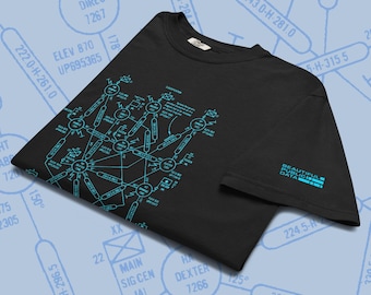 May include: A black short-sleeve t-shirt featuring a complex cyan blue technical diagram print on the front. The sleeve displays the text "BEAUTIFUL PUBLIC DATA" in cyan blue. The design includes various lines, circles, and technical labels.