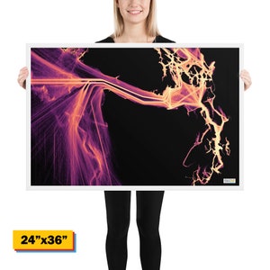 May include: Abstract art print featuring a swirling, glowing design in shades of pink and yellow on a black background. The print is 24 inches by 36 inches.