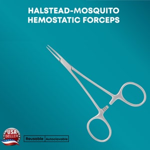 May include: A stainless steel Halstead-Mosquito hemostatic forceps, with the text "HALSTEAD-MOSQUITO HEMOSTATIC FORCEPS". The forceps has a locking mechanism and finger rings. The image also includes the text "Reusable Autoclavable".
