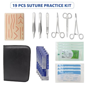 May include: A 19-piece suture practice kit. The kit includes a suture pad with incision patterns, various stainless steel surgical instruments, suture needles, and surgical blades. A black zippered case is also included.
